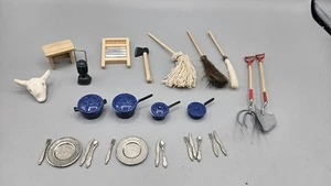 Lot Of Vintage blue metal Miniature Pots, plates, Silverware, Brooms, Shovel - Picture 1 of 5