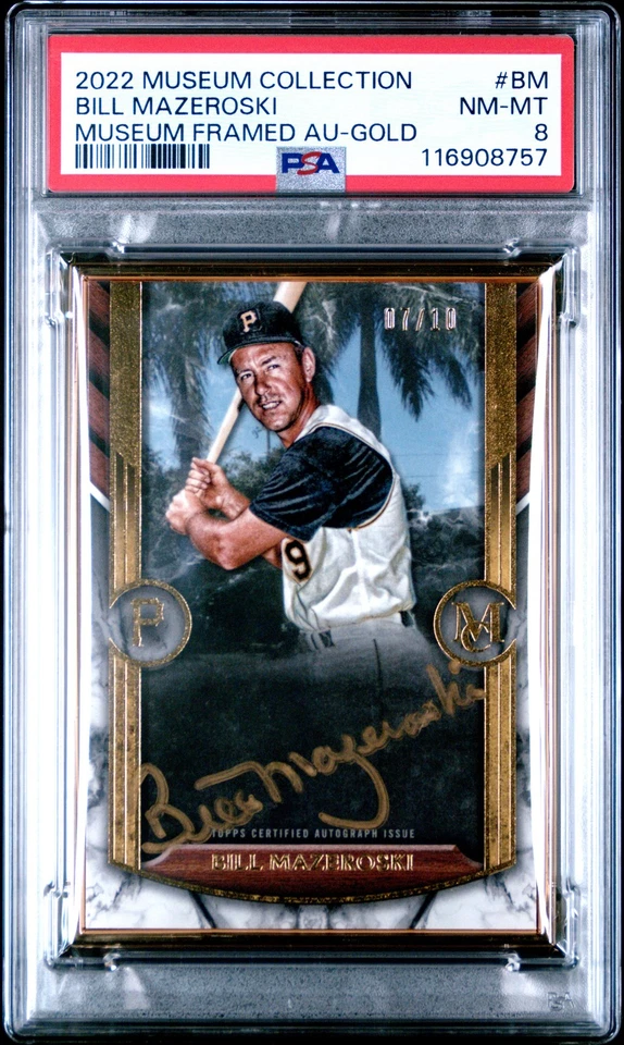 Autógrafo Bill Mazeroski 2022 Topps Museum automático #7/10 enmarcado dorado PSA 8 #BM Foto 1 de 2