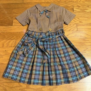 Vestido vintage años 60 Deadstock Cenicienta niñas talla 6 marrón a cuadros manga corta - Imagen 1 de 10