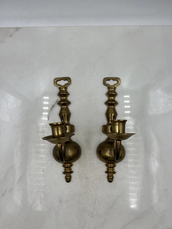 Vintage Brass Wall Sconces Pair Ornate Candle Holders 11in Colonial Revival - Image 1 of 4