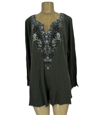 Camiseta Jill Mujer XL Manga Larga Térmica Gofre Floral Bordada Boho KA7 Foto 1 de 4