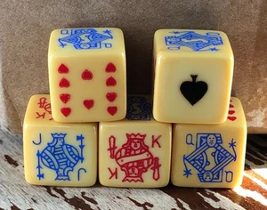 Vintage 1940's Bakelite Poker Dice Set of 5 | 5/8" Yellow Ace King Original - Picture 1 of 7