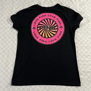 Pink Victoria’s Secret Black T Shirt Women’s L Graphic Pink Logo Cap Sleeve - Picture 1 of 6
