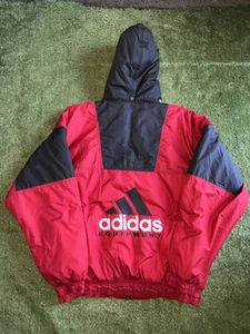 Vintage Adidas Equipment Jacket Mens Large Red Black Hooded Winter Coat 90s - Picture 1 of 6