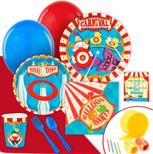 CARNIVAL GAMES Birthday Party VALUE Kit 8 guests Plates Napkins Cups Balloons + - Foto 1 di 1