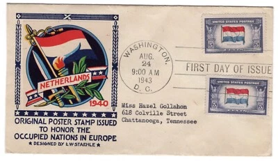 #913 Netherlands Overrun Nations 1943 FDC - Staehle Poster Stamp - Image 1 of 2
