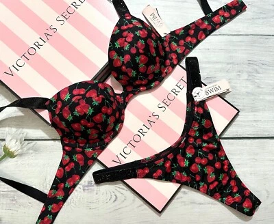 VICTORIA'S SECRET SWIM Shine Strap Sexy Tee Push-Up Bikini Thong Set Berry - Image 1 of 4