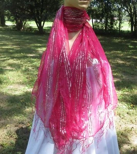 Fucshia Pink Metallic Silver Sheer Striped Wrap Scarf With Fringe 66 x 33  A837 - Bild 1 von 6
