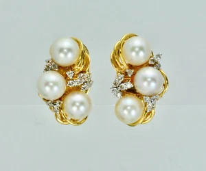.26 ctw Round Diamonds Cultured White Pearl Stud Earrings 14K Yellow Gold Lot 4 - Picture 1 of 7