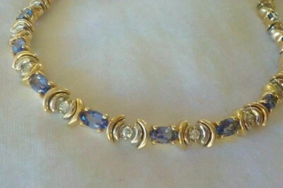 Oval Cut Simulated Tanzanite & Diamond Tennis Bracelet In 14K Yellow Gold Plated - Image 1 of 4