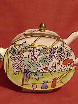Chinese Enamel On Copper Toy Teapot Hand Painted With Houses Grapes And Vines • 9.95£