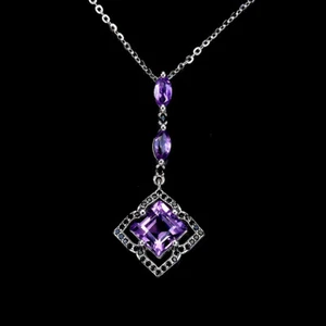 925 Sterling Collana Argento Quadrato Ametista 7mm Nero Spinello Gemma Gioielli - Foto 1 di 13