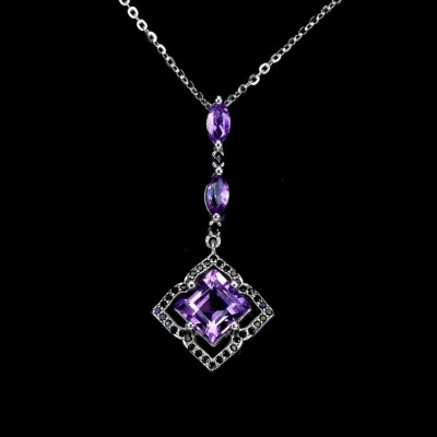 925 Sterling Collana Argento Quadrato Ametista 7mm Nero Spinello Gemma Gioielli - Immagine 1 di 4