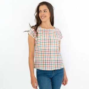 Seasalt Womens Top Cream Natural Cotton Check Trendine Short Sleeve Light Crew - Picture 1 of 11