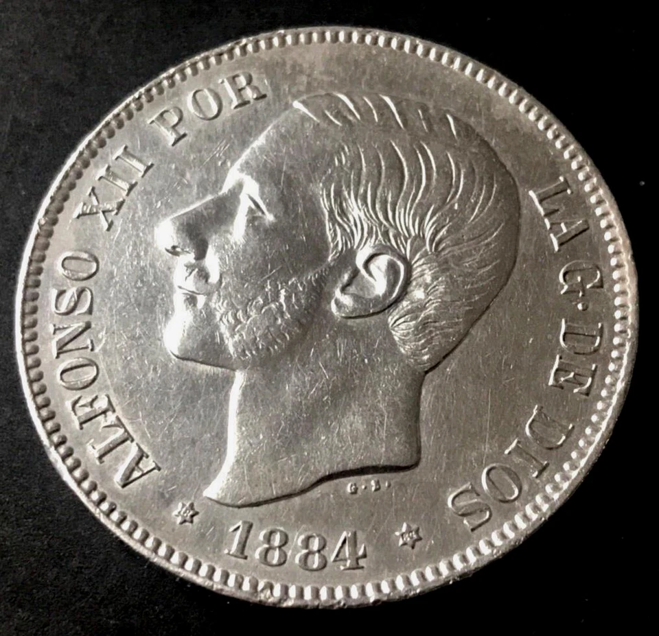 🇪🇸🇪🇸🇪🇸  1884 SPAIN 5 PESETAS Alfonso XII  🇪🇸🇪🇸🇪🇸 3rd portrait - Image 1 of 4