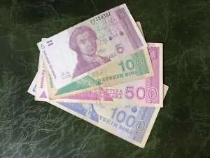 CROATIA 5 & 100 & 500 & 1000 Dinara Banknote 1991 - Picture 1 of 3