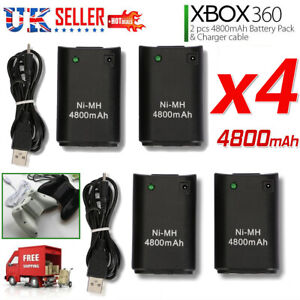 4x Battery Pack + Charger Cable For Microsoft Xbox 360 Wireless Controller Black
