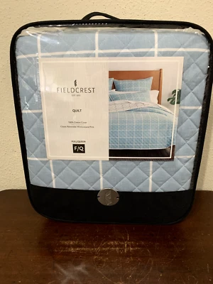 Fieldcrest Windowpane Print Full/Queen Quilt Classic Reversible Blue Cotton NIP - Image 1 of 4