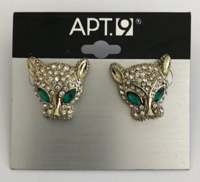 Pendientes perforados Apt 9 tono dorado figura gato circonita cúbica ojos verdes nuevos en tarjeta A5-17 Foto 1 de 3