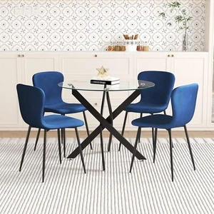 Round Tempered Glass Dining Table Set for 4, 5-Piece Modern Kitchen Table Set - Picture 1 of 8