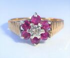 Vintage 9ct Gold Ruby & Diamond Flower Ring, Size N1/2