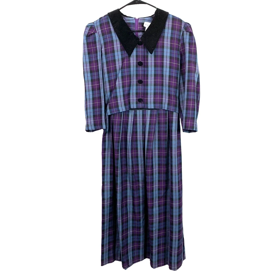 Vestido de Colección Años 80 Miss Dorby Cuadros Púrpura Cuello Modesto Manga Larga 10 Foto 1 de 4
