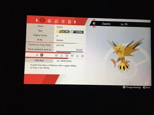 Neu 🔆GLÄNZEND🔆Zapdos mit Fähigkeit Patch | Pokemon Schwert Schild Krone Tundra! - Bild 1 von 5