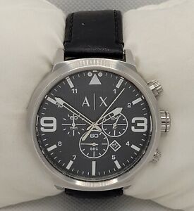 Mens A|X Armani Exchange Silver Tone Black Leather Strap Watch AX1371 K5
