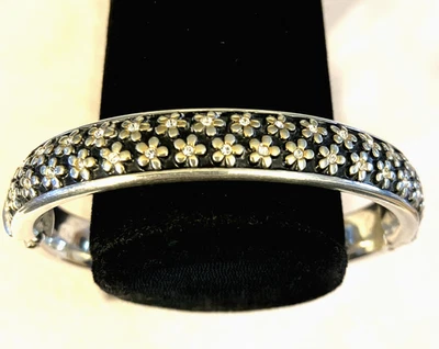 Brighton Loves Me Black Enamel Flower Crystal Hinged Silver Oval Bracelet Bangle - Image 1 of 4
