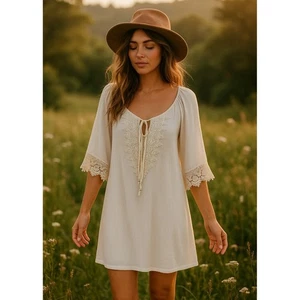 Vestido Naif Mujer Grande Marfil Encaje Recortado Corbata Cuello Bohemio Mini Nuevo con Etiquetas Boho - Imagen 1 de 13