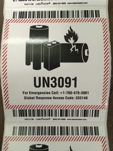 Lote 20 - UN3091 Batería de Iones de Litio Envío Etiquetas Adhesivas 4.5 x 5" - Imagen 1 de 1