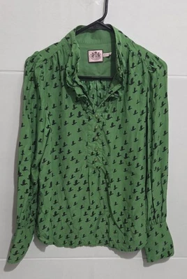 Женщин Juicy Couture шелк верхний птицы печать зеленый блузка с длинным рукавом размер 2 - Изображение 1 из 3