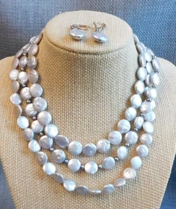 Vintage Sterling Silver Pearl Earrings & Necklace #043-N - Picture 1 of 8
