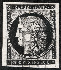 Frankreich Sc 3a schwarz 20c 1849 Raster Handstempel Stempel - Bild 1 von 1