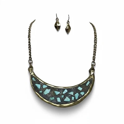 Juego de pendientes collar colgante de latón incrustado con forma de media luna turquesa Foto 1 de 4
