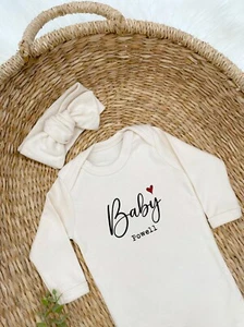 Personalised Baby Beige Babygrow with optional Headband, Hat, Blanket - Picture 1 of 4