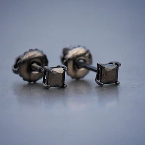 Small Black Onyx Princess Cut Men's Solitaire Cz Stud Earrings - Picture 1 of 3