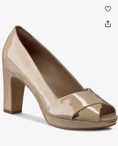 CLARKS SIZE 5.5 / 39 NUDE BLOCK HEEL PLATFORM OPEN TOE SHOES CROSS STRAP SANDALS - Picture 1 of 12