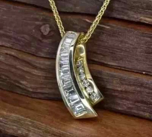 1Ct Baguette Cut Lab Created Diamond Slide Charm Pendant 14K Yellow Gold Plated - Picture 1 of 3