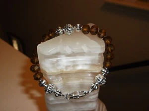 MEN'S HANDMADE 8 1/2" 10 MM BROWN CRYSTAL AND TIBETAN SILVER BEAD BRACELET  - Picture 1 of 9