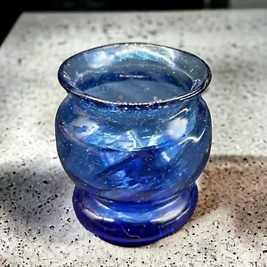 Hand Blown Cobalt Blue Art Glass Miniature Vase Bowl With Bubbles Optic Swirl - Picture 1 of 12
