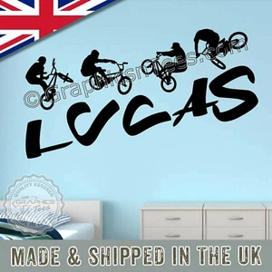 BMX Fahrrad Wandaufkleber personalisiert Jungen Mädchen Schlafzimmer Wandbild Grafik Aufkleber - Bild 1 von 15