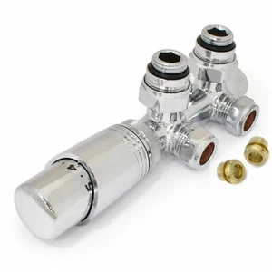 Twin Radiator Valve Modern Thermostatic Chrome 10mm TRV - Cascade | Hot Flow - Picture 1 of 19