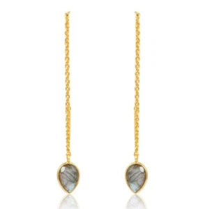 Labradorite Pear Threader Earring Long Chain Drop Dangle 925 Silver Gold Plated - Picture 1 of 7