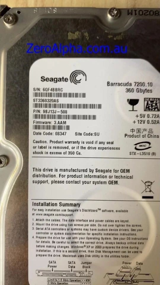 ST3360320AS, 9BJ13J-508, 3.AAM, SU, 6QF4 Seagate Data Recovery Donor Hard Drive - Image 1 of 1
