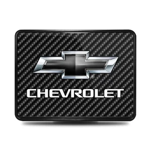 Chevrolet Black Graphic Carbon Fiber Look Metal Plate on Plastic Tow Hitch Cover - Picture 1 of 3