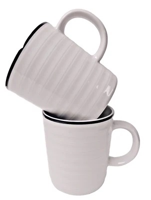 Par de tazas de café en caja y barril de 10 oz RULETA blanca porcelana banda azul Foto 1 de 4