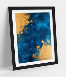 BLUE AND GOLD PATCHES ABSTRACT FRAMED WALL ART POSTER PRINT 4 SIZES - Picture 1 of 10
