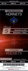 New Orleans Hornets vs Houston Rockets 11/14/2012 Ticket James Harden 30 Points