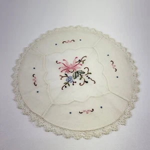 Handmade Needlecraft embroidery 10" circle with Pink & Blue flowers VTG Lace Edg - Picture 1 of 6